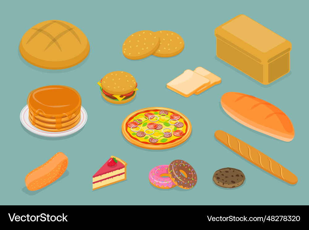 3d isometric flat set of various bread 3d isometric flat set of various bread vector image