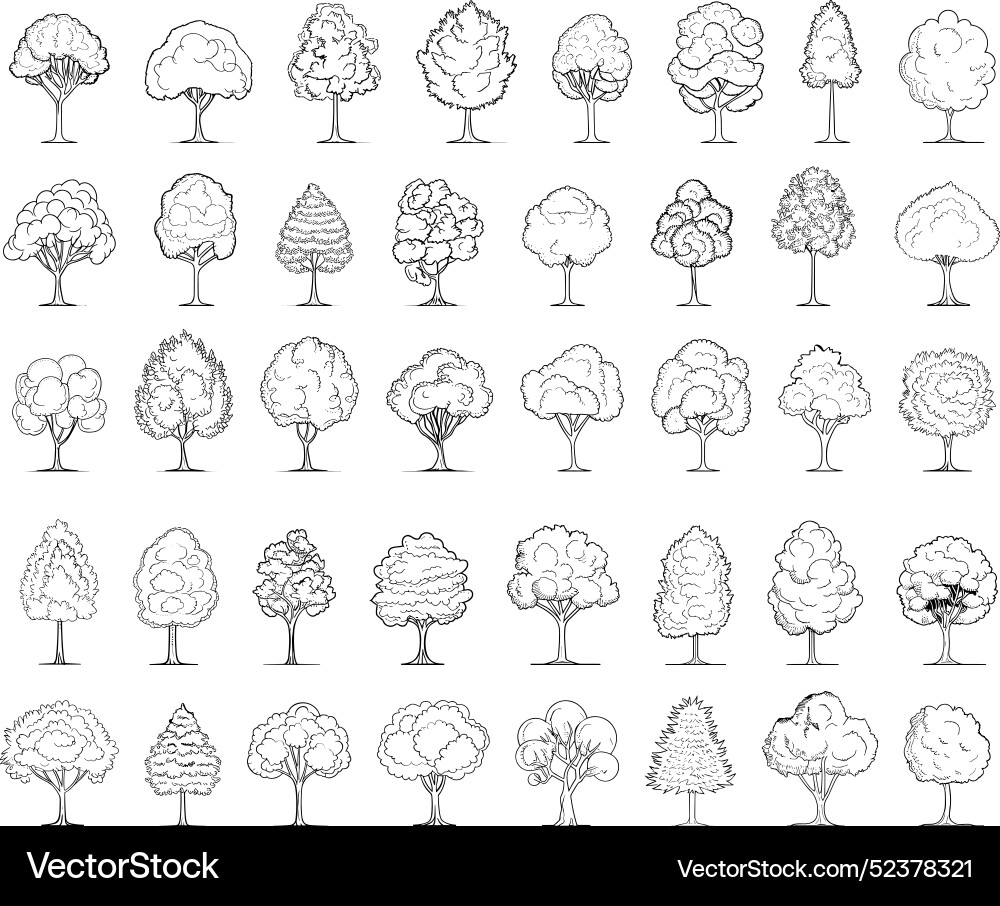 Minimal style tree line drawing icons set low Minimal style tree line drawing icons set low vector image