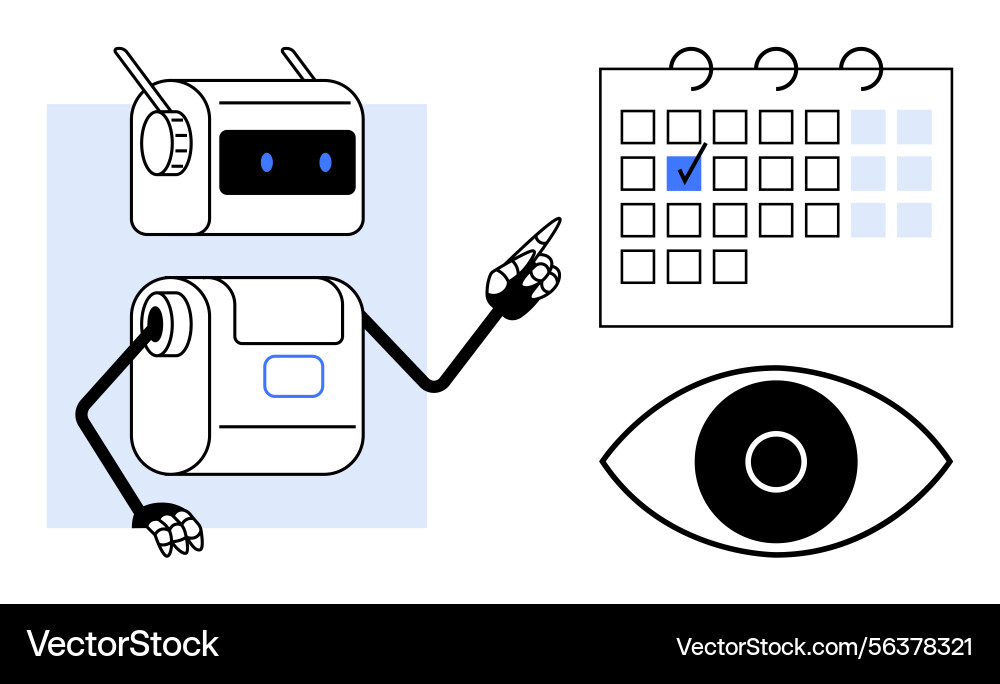 Robot pointing at calendar with tick mark Robot pointing at calendar with tick mark vector image