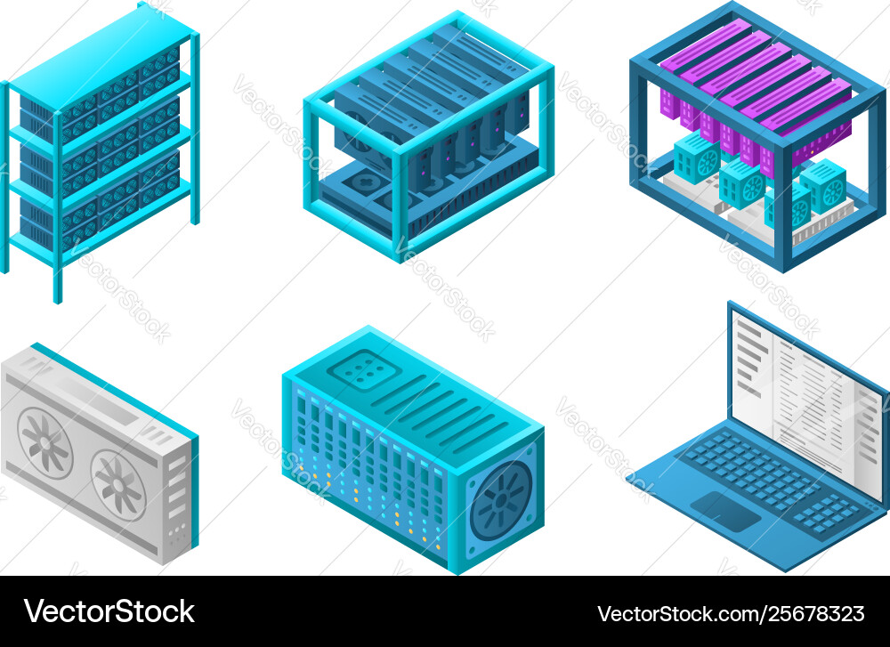 Mining farm bitcoin icons set isometric style Mining farm bitcoin icons set isometric style vector image