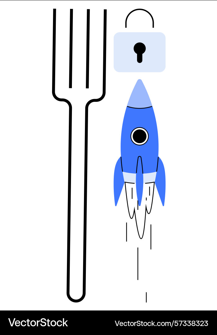 Rocket launch with fork and padlock representing Rocket launch with fork and padlock representing vector image