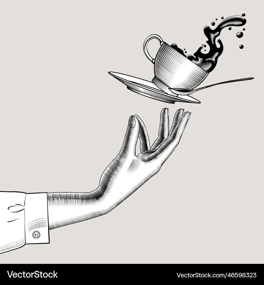 Womans hand and flying coffee cup with a splashed Vector Image