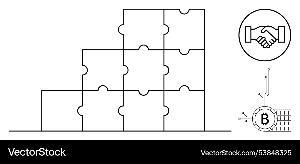 Puzzle blocks with handshake symbol and bitcoin Puzzle blocks with handshake symbol and bitcoin Vector Image