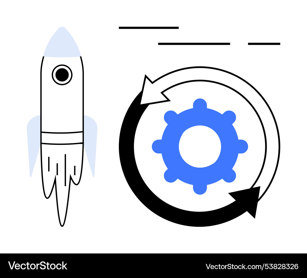 Rocket launch and process cycle with gear symbol Rocket launch and process cycle with gear symbol vector image