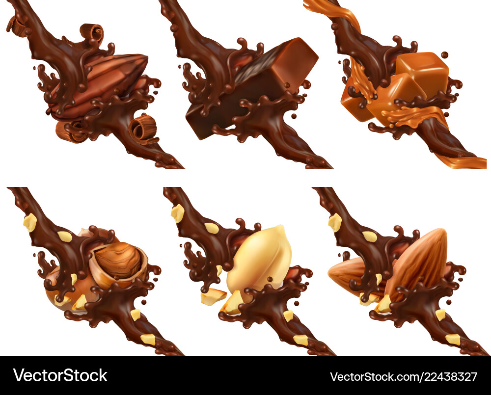 Chocolate Splash with Nuts and Caramel Vector Image