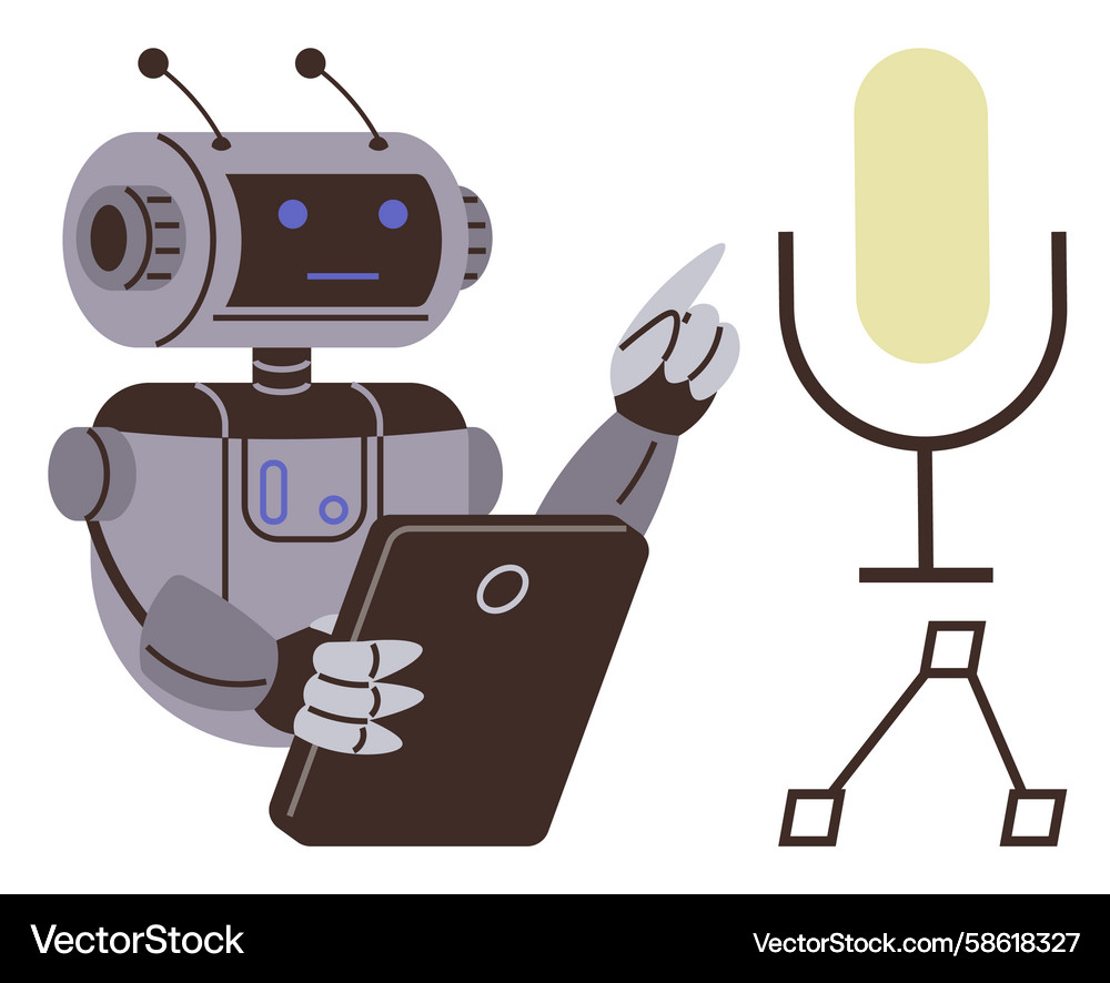 Robot interacting with tablet and microphone Robot interacting with tablet and microphone Vector Image