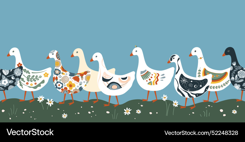 A row of cute geese or ducks with various patterns A row of cute geese or ducks with various patterns vector image