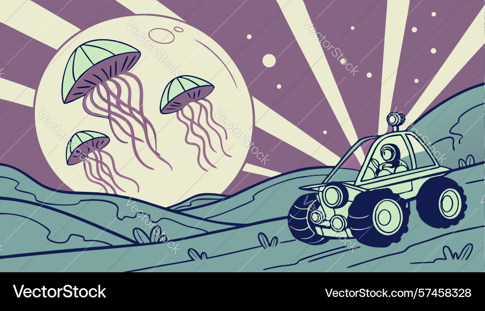 Whimsical moon buggy encounter with floating Vector Image