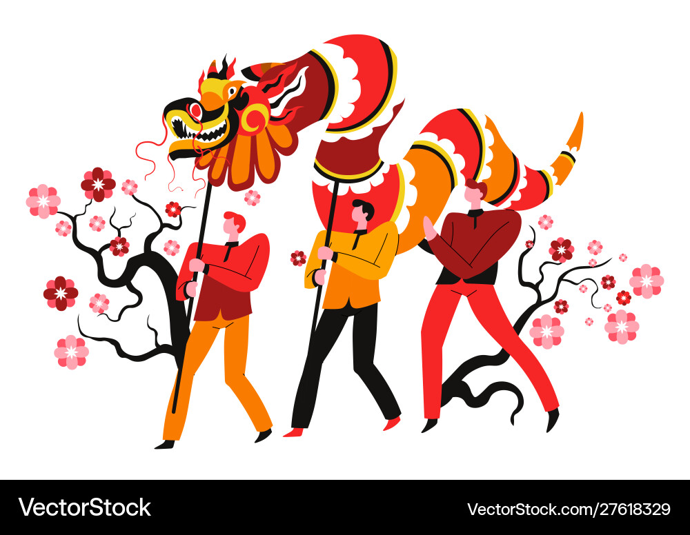 Fire dragon and male characters chinese festival Fire dragon and male characters chinese festival vector image