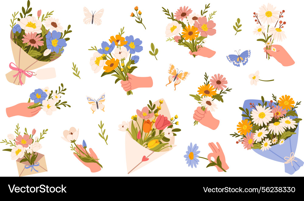 Flowers in hand hands holding bouquet male arm Flowers in hand hands holding bouquet male arm vector image