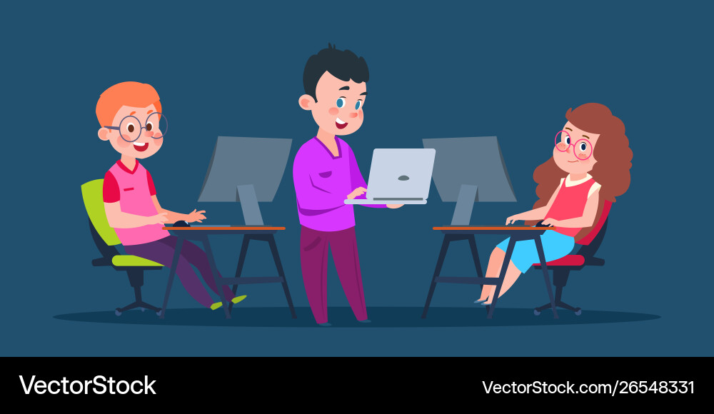 Kids coding at computers cartoon character Kids coding at computers cartoon character vector image