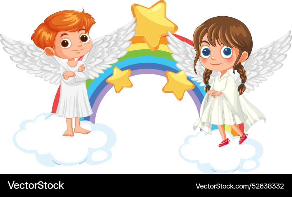 Zwei Engel stehen auf Wolken mit Regenbogen Zwei Engel stehen auf Wolken mit Regenbogen vektorbild