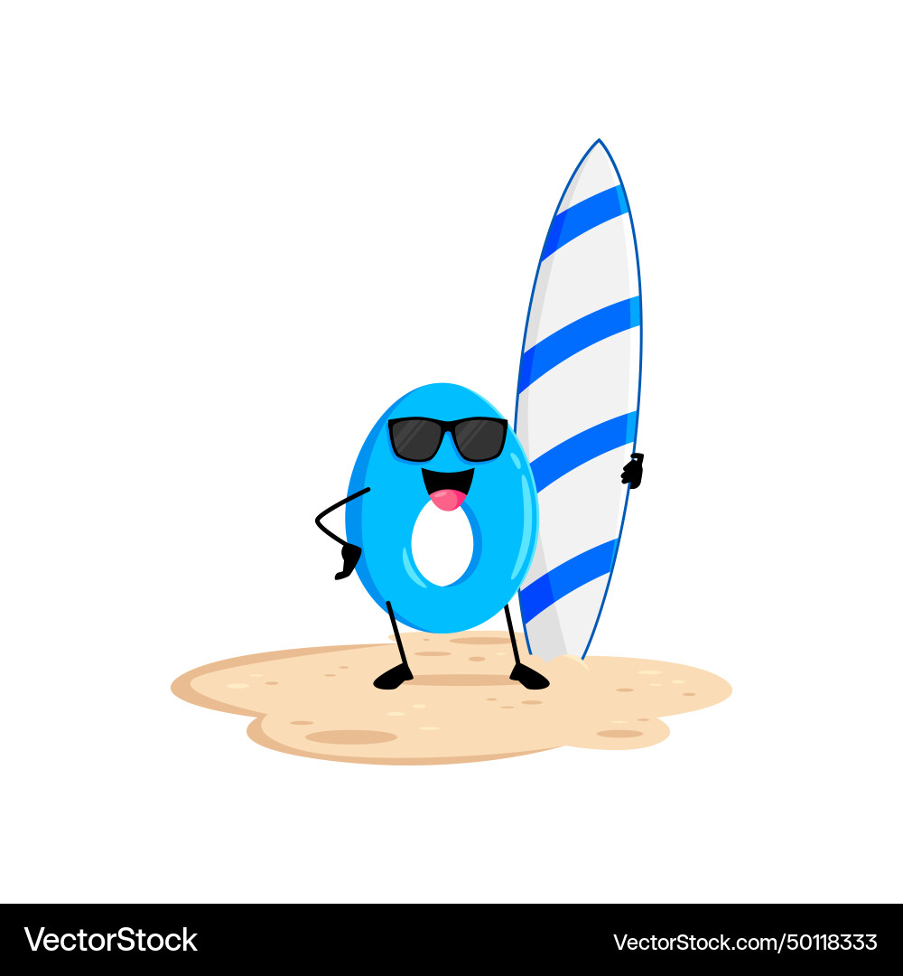 Cartoon cheerful math number zero with a surfboard Vector Image