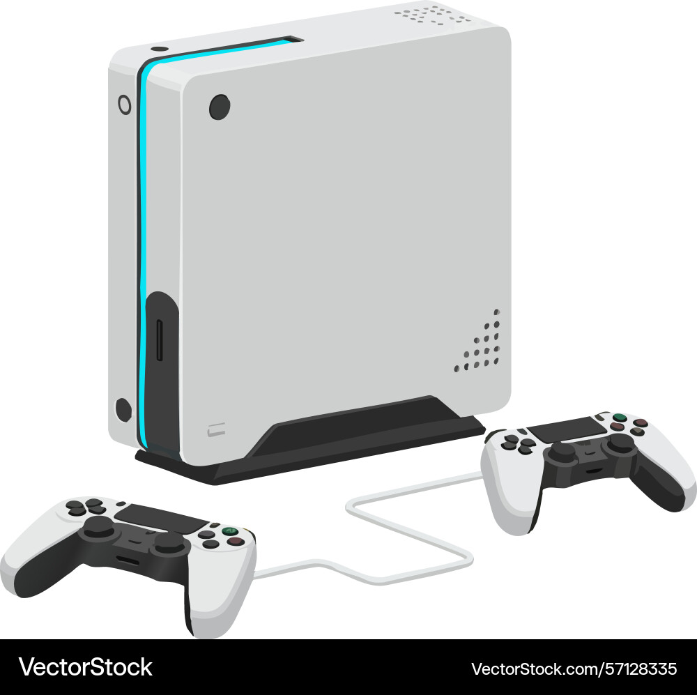 Video game console with two wired controllers vector image