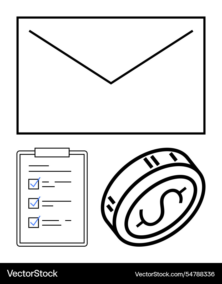 Mail envelope checklist and coin representing Mail envelope checklist and coin representing vector image