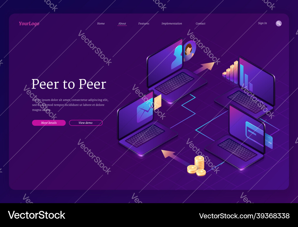 Peer to computer network isometric landing Peer to computer network isometric landing vector image