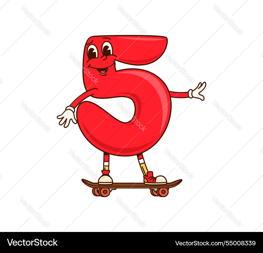 Mathe Nummer fünf 5 groovy Charakter auf Skateboard Mathe Nummer fünf 5 groovy Charakter auf Skateboard vektorbild