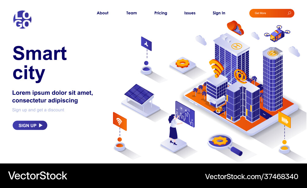 Smart city isometric landing page futuristic Smart city isometric landing page futuristic vector image