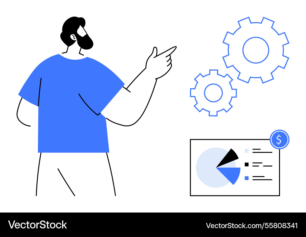 Man analyzing data presentation with gears Vector Image