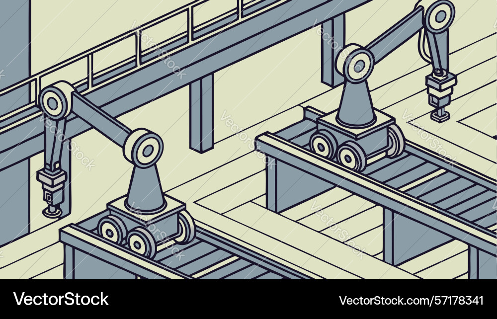 Multiple robotic arms on automated assembly line vector image