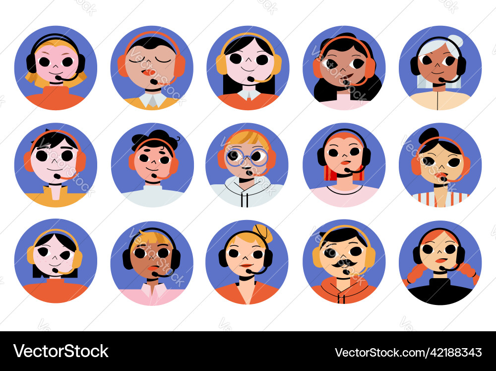 Call center operators avatar or round icons set vector image