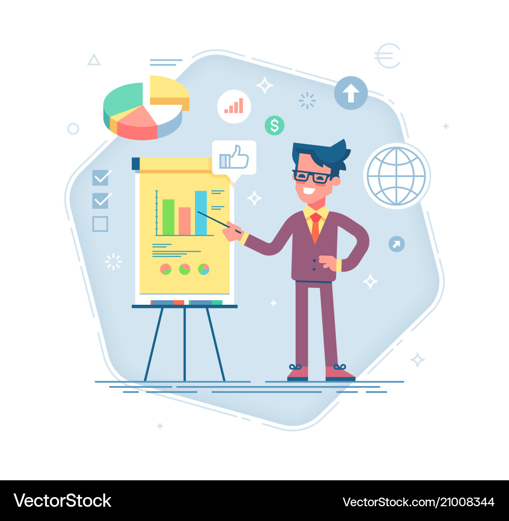 Man standing near flip chart and pointing graph Man standing near flip chart and pointing graph Vector Image