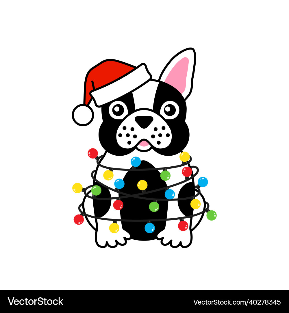 French bulldog in santa hat tangled xmas lights vector image