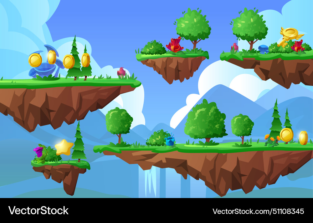 Game world with level platforms floating forest Game world with level platforms floating forest Vector Image
