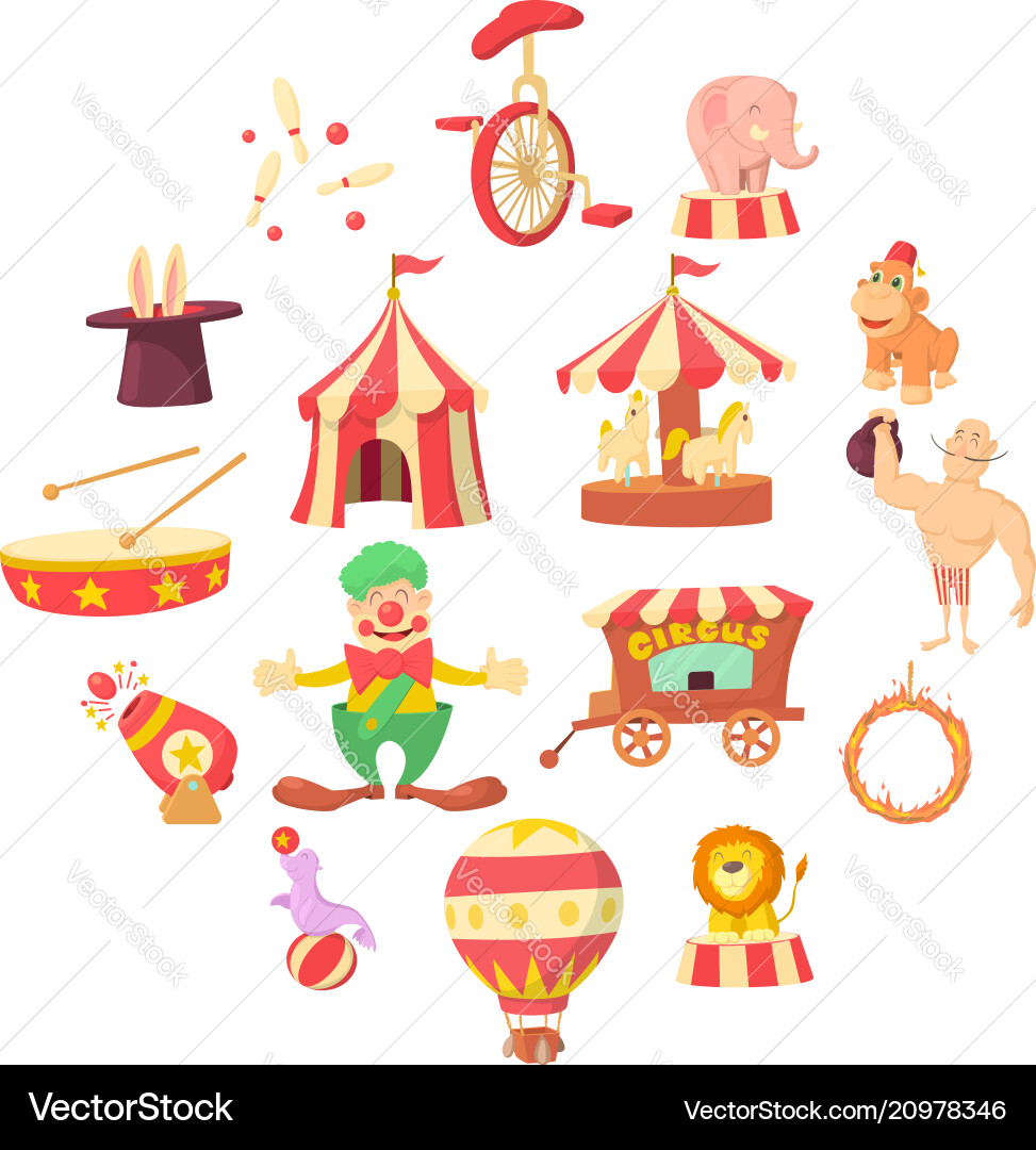 Circus icons set cartoon style Circus icons set cartoon style vector image