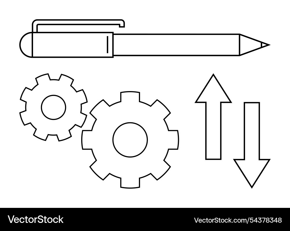 Pen with two gears and arrows signifying data Pen with two gears and arrows signifying data Vector Image