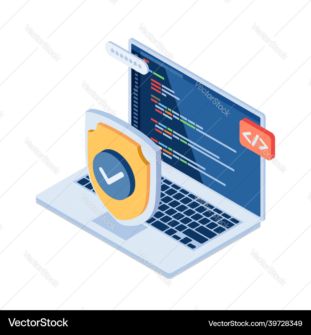 Isometric shield and laptop with computer Isometric shield and laptop with computer vector image
