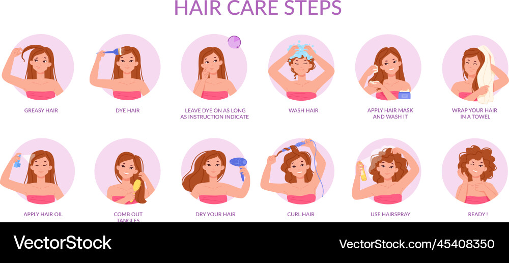 Hair care steps hairs treatment tutorial wash dry Hair care steps hairs treatment tutorial wash dry vector image