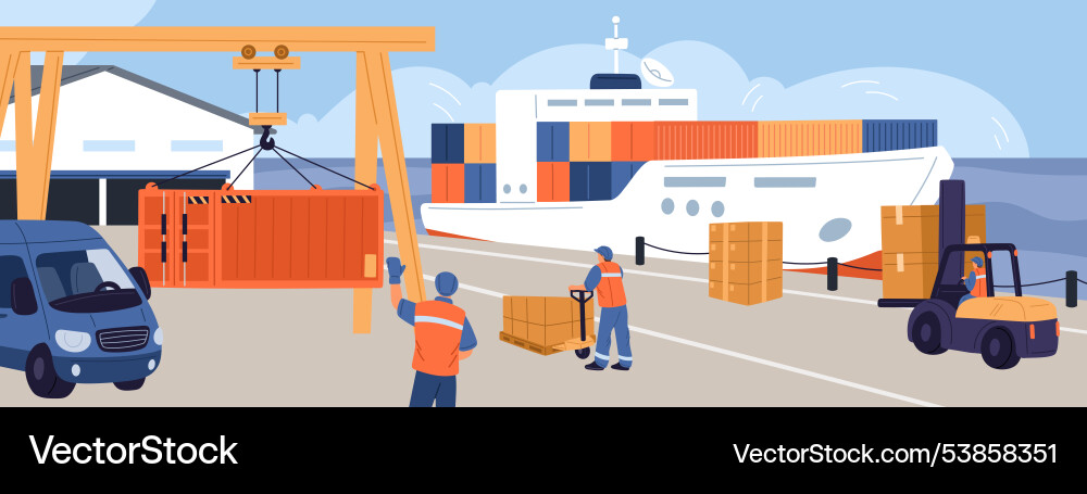 Containerladung auf Seehafen Frachtschiffe Ladegeräte Containerladung auf Seehafen Frachtschiffe Ladegeräte vektorbild