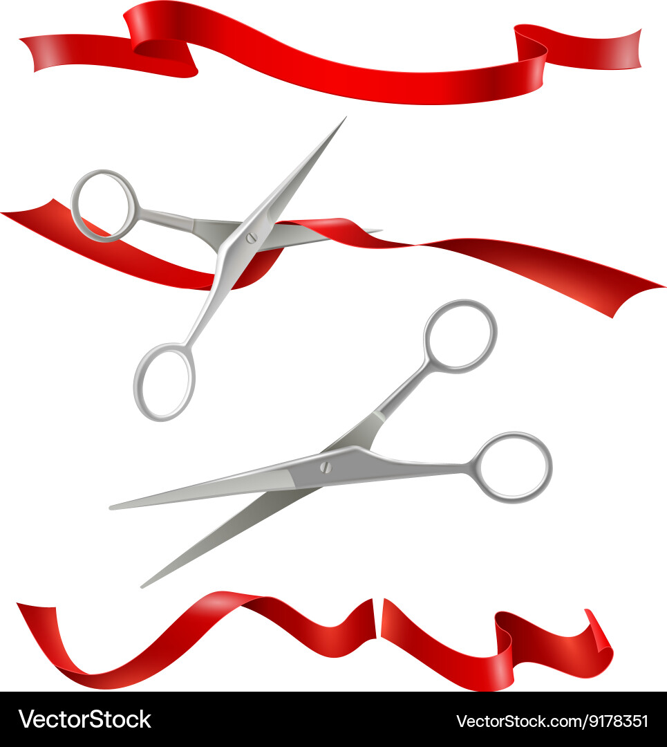 Scissors Cutting Red Ribbon - Event Set Vector Image