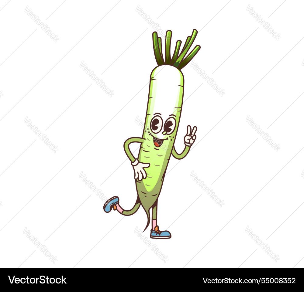 Cartoon groovy daikon farm vegetable character Cartoon groovy daikon farm vegetable character vector image