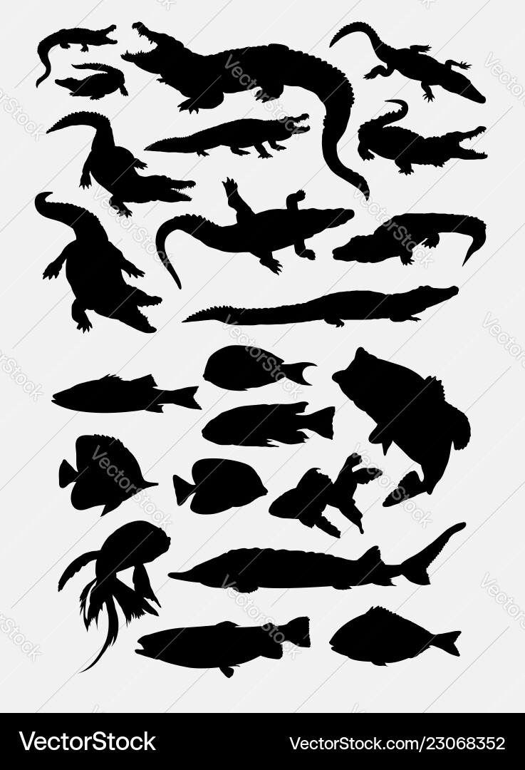 Crocodile reptile and fishwild animal silhouettes Crocodile reptile and fishwild animal silhouettes vector image