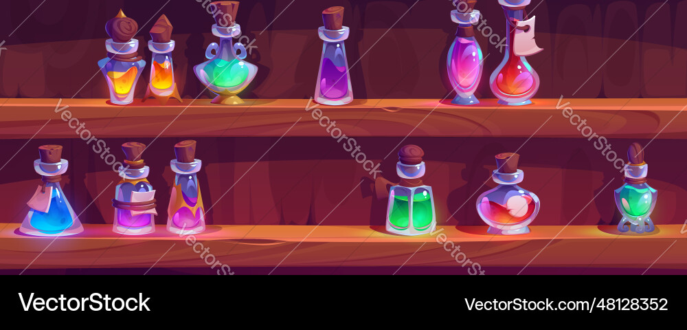 Magic bottle with potion on lab shelf game Magic bottle with potion on lab shelf game vector image