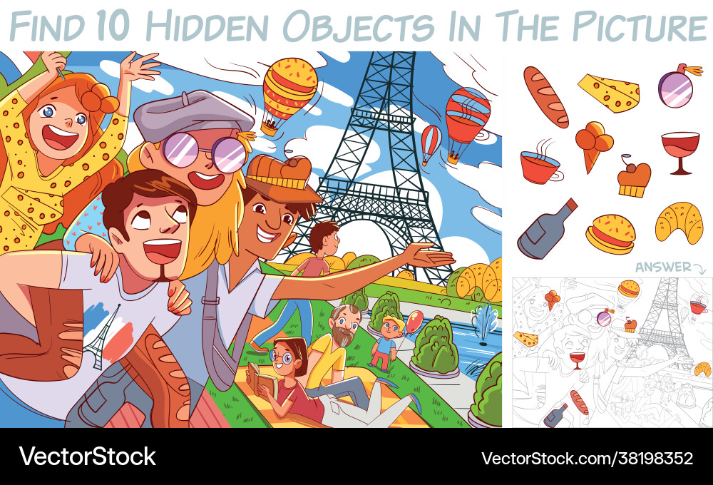 Paris Puzzle: Find 10 Hidden Objects vector image