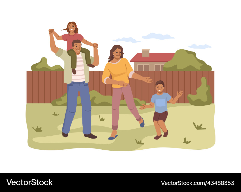 Glückliche Familie spielen auf Hinterhof zu Hause Glückliche Familie spielen auf Hinterhof zu Hause vektorbild
