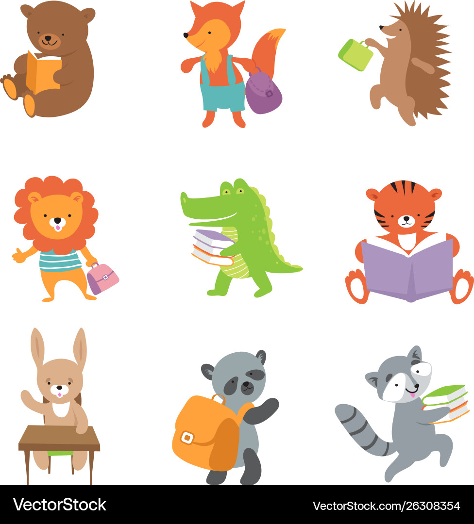 Adorable School Animals: Bear, Fox & Lion Vector Image