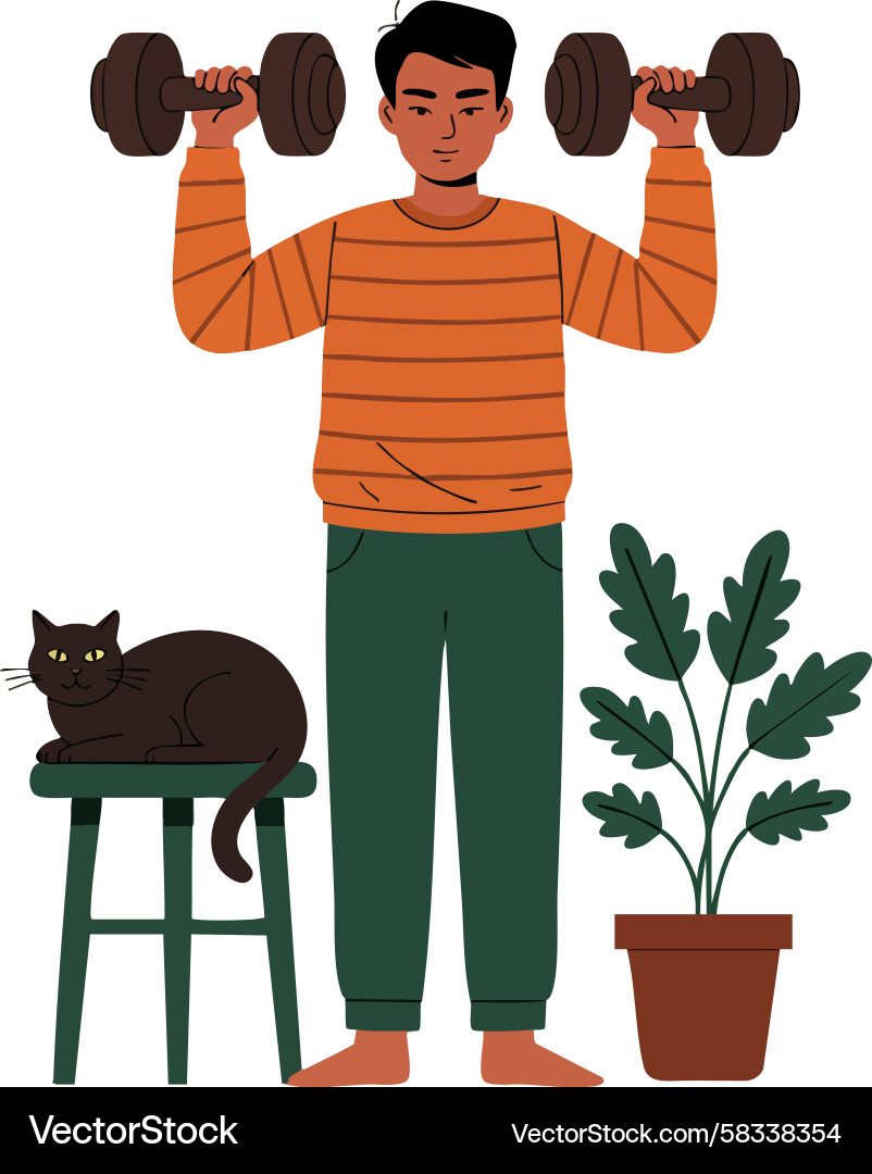 Man Exercising with Cat and Dumbbells Vector Image