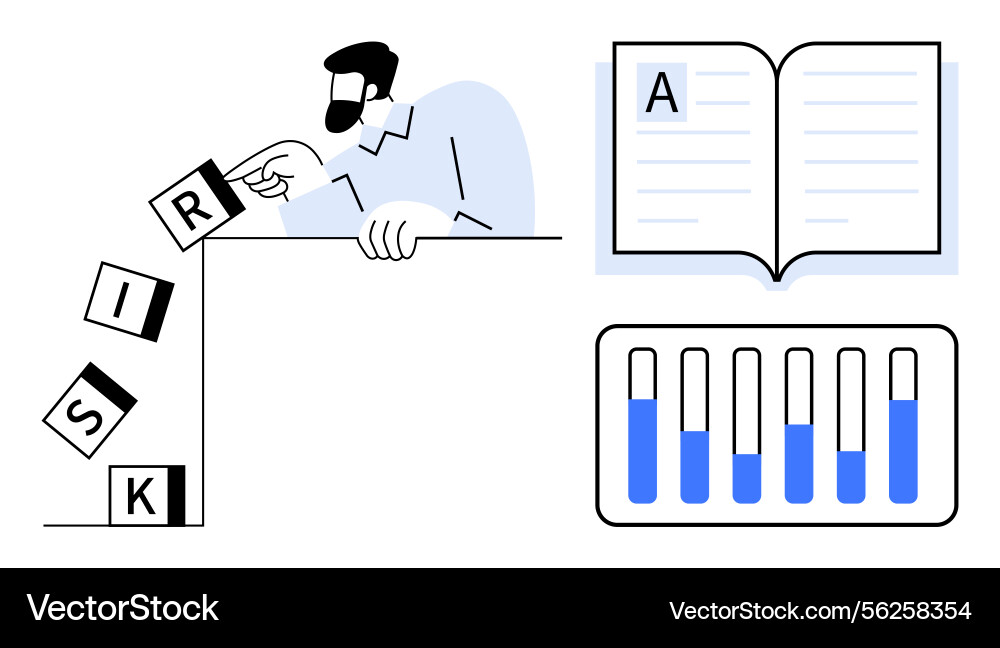 Man managing risk blocks open book and bar chart Vector Image
