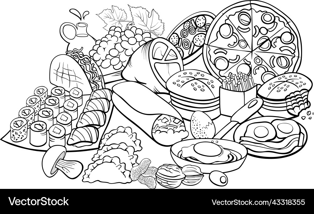 Food objects and dishes group cartoon coloring Food objects and dishes group cartoon coloring vector image