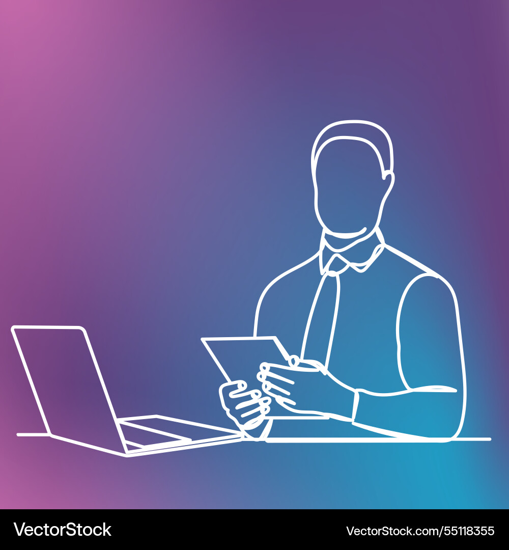 Man working on laptop continuous line drawing vector image