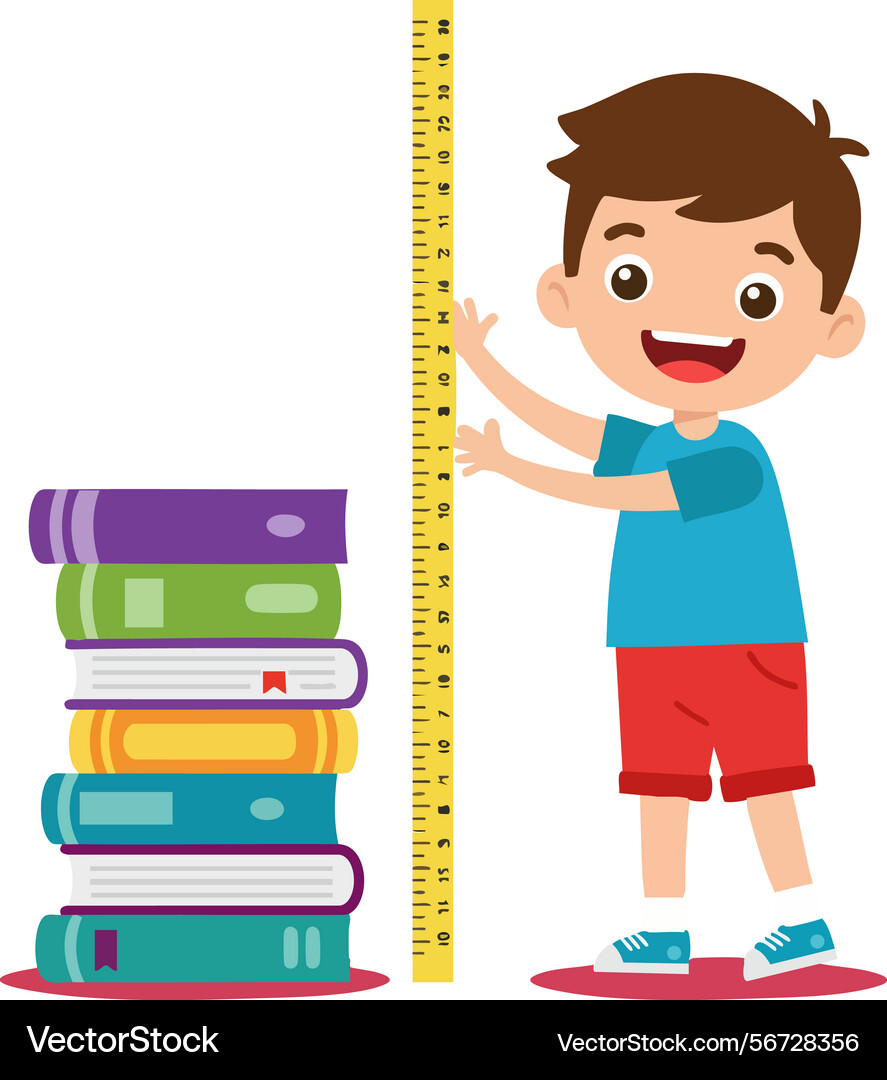 Boy measuring height with ruler next to stack vector image