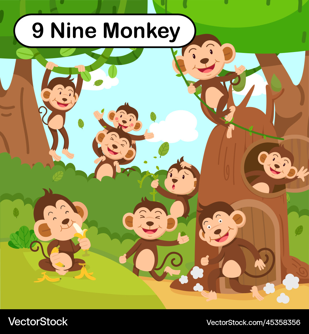 Flashcard number nine with 9 monkey learning Flashcard number nine with 9 monkey learning vector image