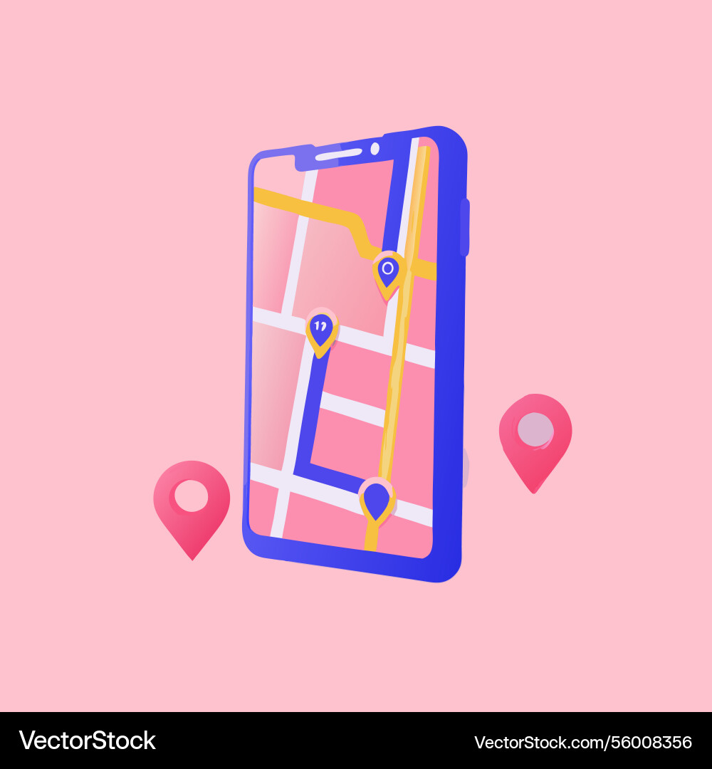 Mobile phone displaying a map with multiple Mobile phone displaying a map with multiple vector image