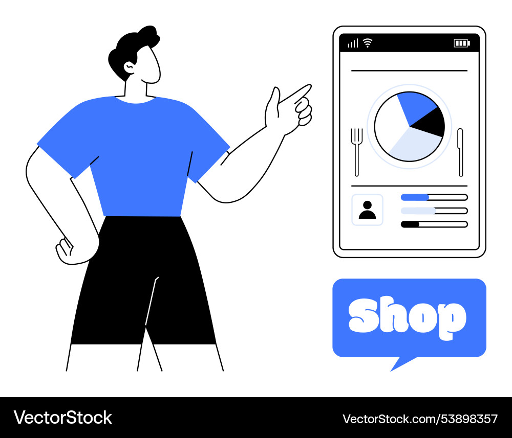 Shopping app display with person pointing Shopping app display with person pointing vector image