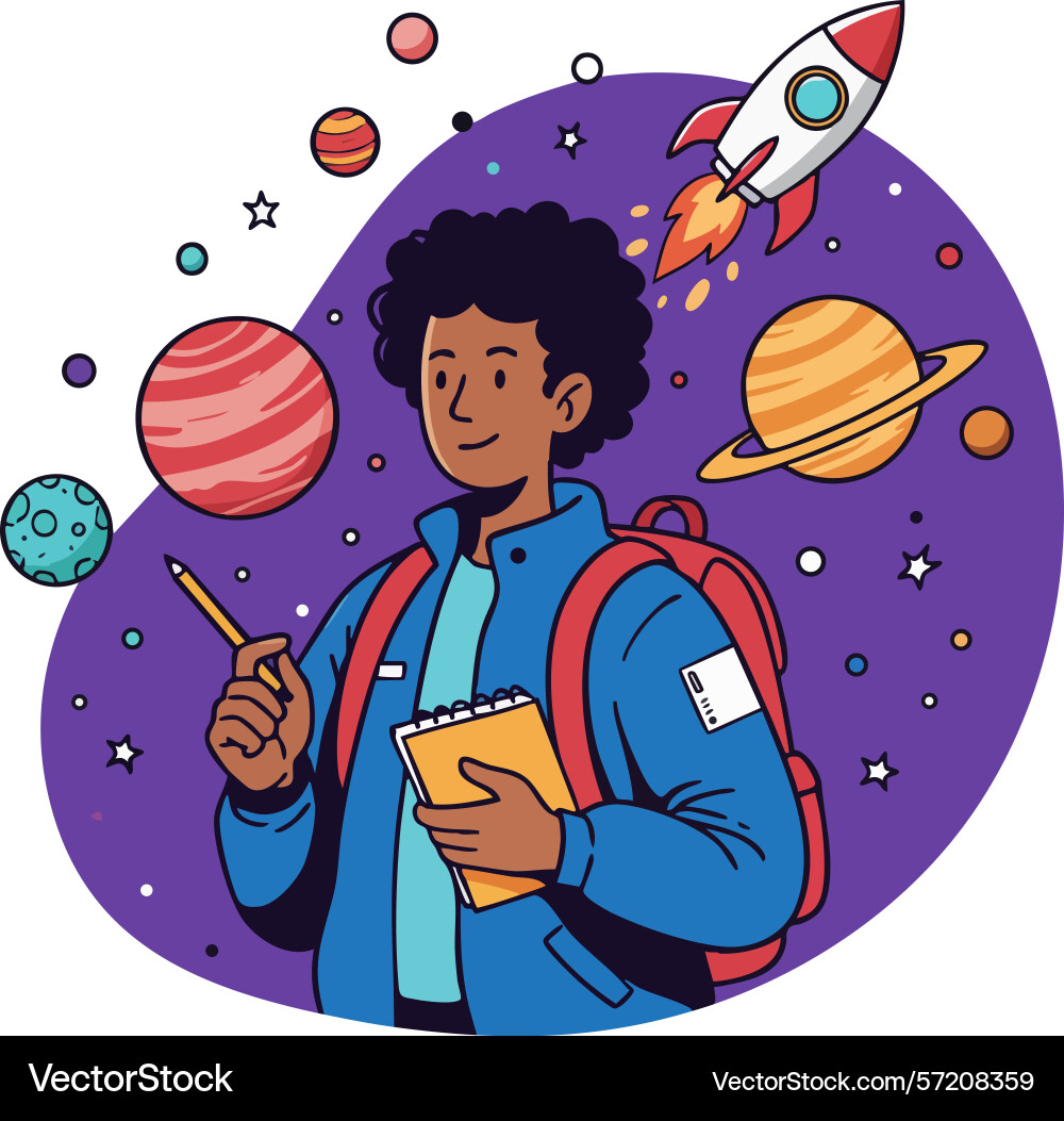 Boy student exploring space science with rocket Vector Image