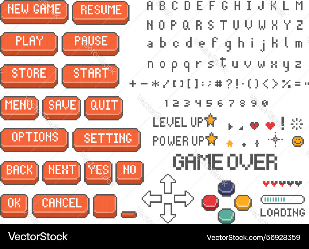 Set von retro 8bit pixel art ui Spiel-Taste Symbol vektorbild
